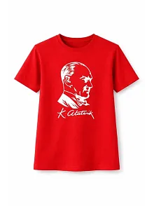 Kız Çocuk Atatürk Baskılı Tişört Kısa Kollu Bisiklet Yaka T-shirt - Kırmızı