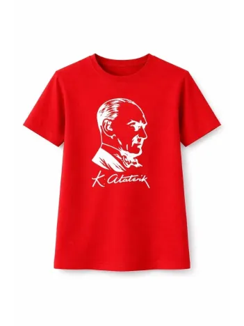 Kız Çocuk Atatürk Baskılı Tişört Kısa Kollu Bisiklet Yaka T-shirt - Kırmızı
