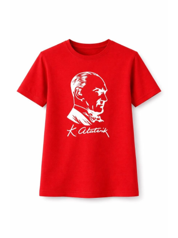 Kız Çocuk Atatürk Baskılı Tişört Kısa Kollu Bisiklet Yaka T-shirt - Kırmızı