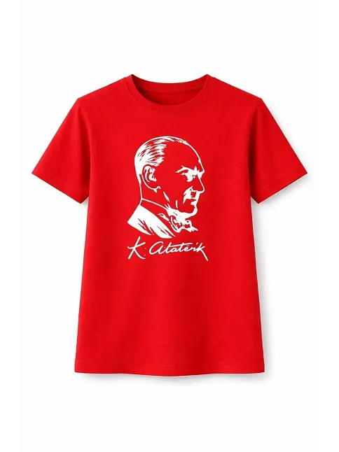 Kız Çocuk Atatürk Baskılı Tişört Kısa Kollu Bisiklet Yaka T-shirt - Kırmızı