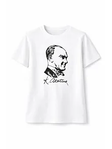 Erkek Çocuk Atatürk Baskılı Tişört Kısa Kollu Bisiklet Yaka T-shirt - Beyaz