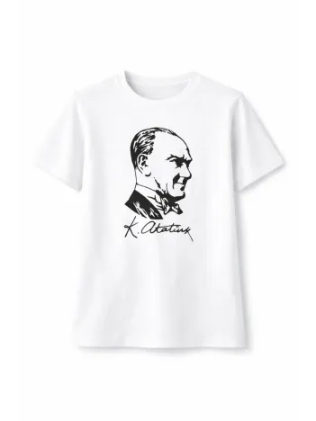 Erkek Çocuk Atatürk Baskılı Tişört Kısa Kollu Bisiklet Yaka T-shirt - Beyaz