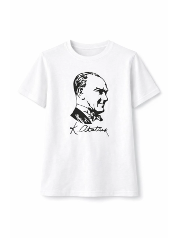 Erkek Çocuk Atatürk Baskılı Tişört Kısa Kollu Bisiklet Yaka T-shirt - Beyaz