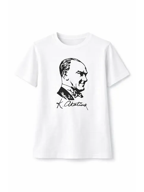 Erkek Çocuk Atatürk Baskılı Tişört Kısa Kollu Bisiklet Yaka T-shirt - Beyaz