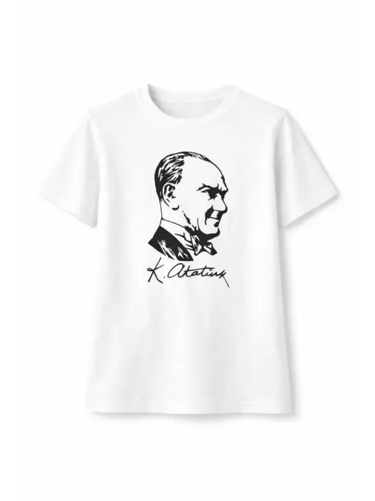 Erkek Çocuk Atatürk Baskılı Tişört Kısa Kollu Bisiklet Yaka T-shirt - Beyaz