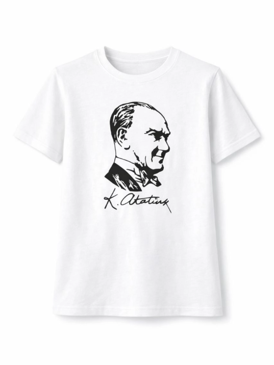 Erkek Çocuk Atatürk Baskılı Tişört Kısa Kollu Bisiklet Yaka T-shirt - Beyaz
