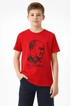 Erkek Çocuk Atatürk Baskılı Tişört Kısa Kollu Bisiklet Yaka T-shirt - Kırmızı