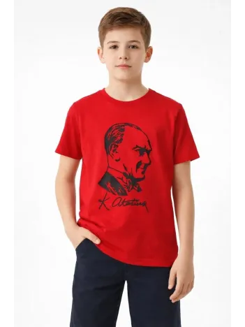 Erkek Çocuk Atatürk Baskılı Tişört Kısa Kollu Bisiklet Yaka T-shirt - Kırmızı