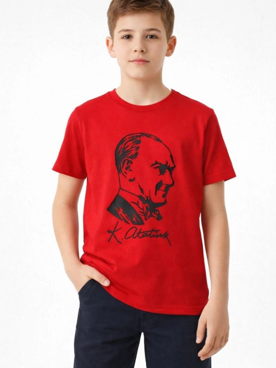 Erkek Çocuk Atatürk Baskılı Tişört Kısa Kollu Bisiklet Yaka T-shirt - Kırmızı