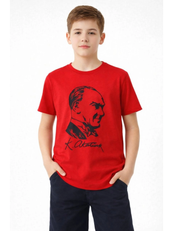 Erkek Çocuk Atatürk Baskılı Tişört Kısa Kollu Bisiklet Yaka T-shirt - Kırmızı