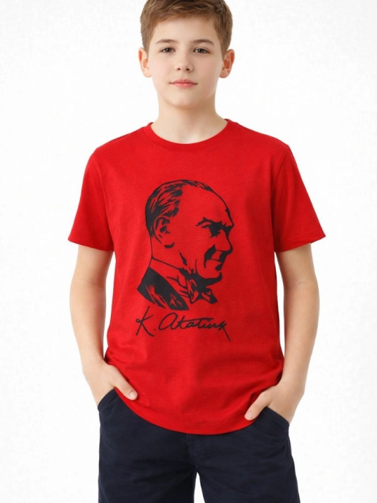 Erkek Çocuk Atatürk Baskılı Tişört Kısa Kollu Bisiklet Yaka T-shirt - Kırmızı