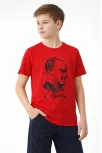 Erkek Çocuk Atatürk Baskılı Tişört Kısa Kollu Bisiklet Yaka T-shirt - Kırmızı