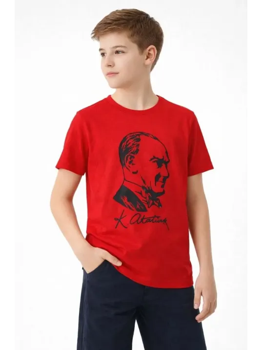 Erkek Çocuk Atatürk Baskılı Tişört Kısa Kollu Bisiklet Yaka T-shirt - Kırmızı