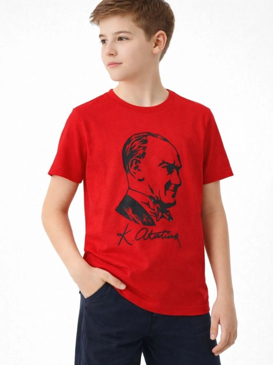 Erkek Çocuk Atatürk Baskılı Tişört Kısa Kollu Bisiklet Yaka T-shirt - Kırmızı