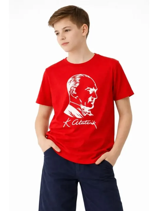Erkek Çocuk Atatürk Baskılı Tişört Kısa Kollu Bisiklet Yaka T-shirt - Kırmızı