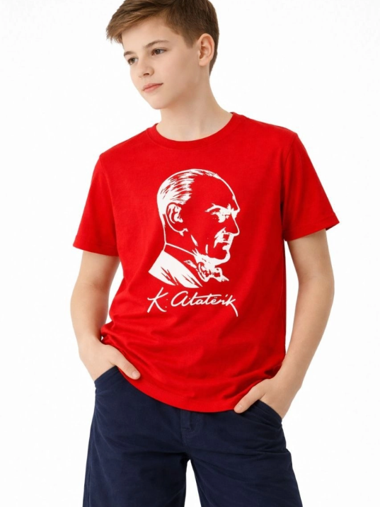 Erkek Çocuk Atatürk Baskılı Tişört Kısa Kollu Bisiklet Yaka T-shirt - Kırmızı