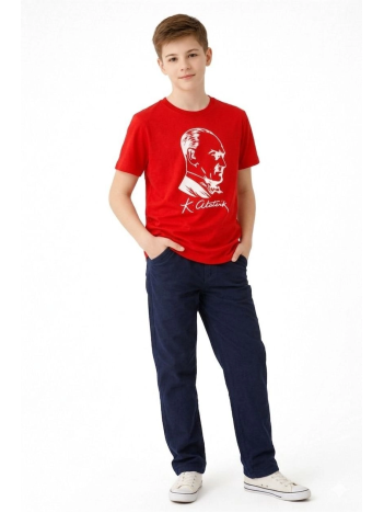 Erkek Çocuk Atatürk Baskılı Tişört Kısa Kollu Bisiklet Yaka T-shirt - Kırmızı