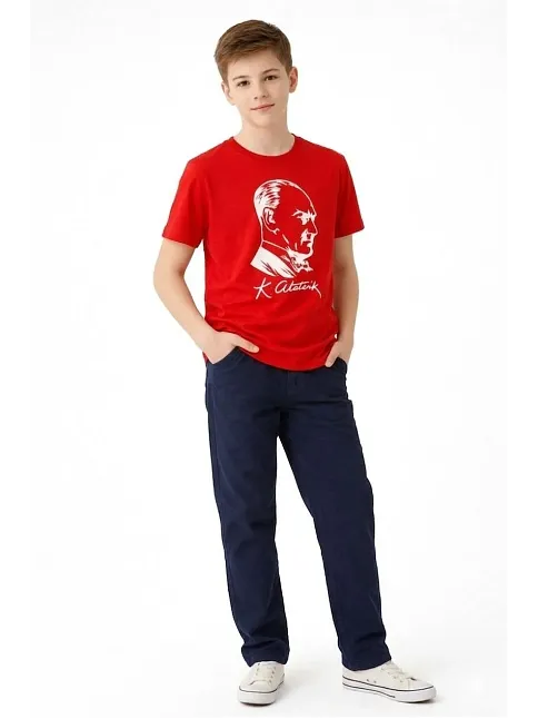 Erkek Çocuk Atatürk Baskılı Tişört Kısa Kollu Bisiklet Yaka T-shirt - Kırmızı