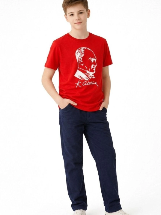 Erkek Çocuk Atatürk Baskılı Tişört Kısa Kollu Bisiklet Yaka T-shirt - Kırmızı
