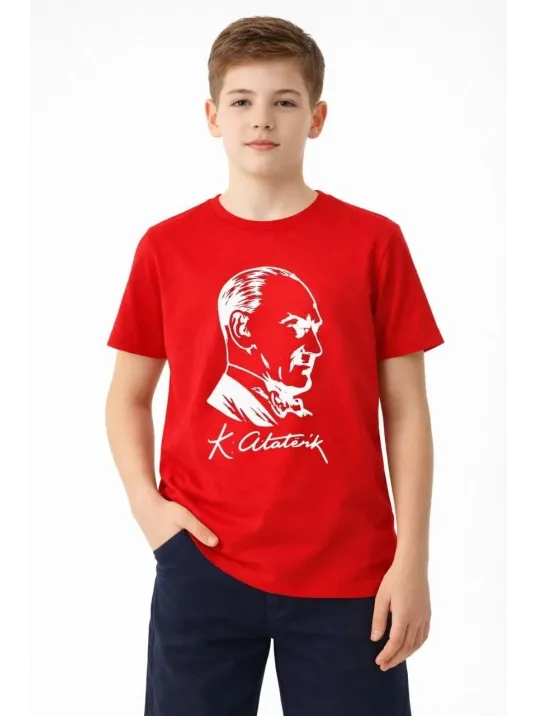 Erkek Çocuk Atatürk Baskılı Tişört Kısa Kollu Bisiklet Yaka T-shirt - Kırmızı