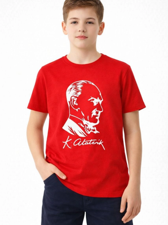 Erkek Çocuk Atatürk Baskılı Tişört Kısa Kollu Bisiklet Yaka T-shirt - Kırmızı