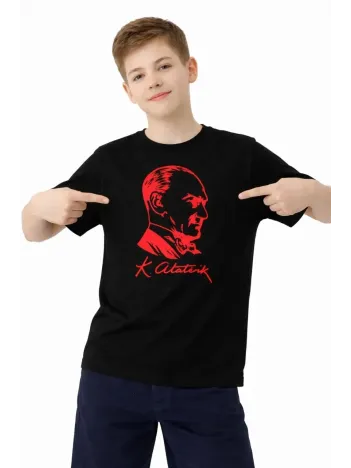 Erkek Çocuk Atatürk Baskılı Tişört Kısa Kollu Bisiklet Yaka T-shirt - Siyah