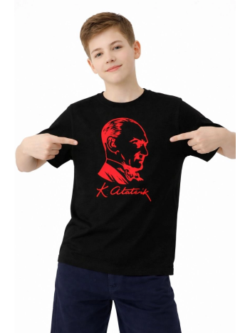 Erkek Çocuk Atatürk Baskılı Tişört Kısa Kollu Bisiklet Yaka T-shirt - Siyah