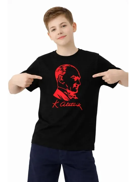 Erkek Çocuk Atatürk Baskılı Tişört Kısa Kollu Bisiklet Yaka T-shirt - Siyah