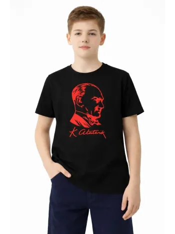 Erkek Çocuk Atatürk Baskılı Tişört Kısa Kollu Bisiklet Yaka T-shirt - Siyah