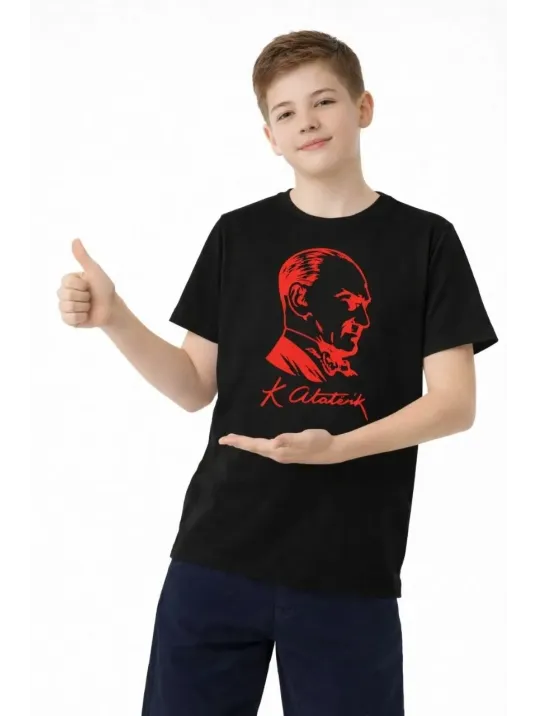 Erkek Çocuk Atatürk Baskılı Tişört Kısa Kollu Bisiklet Yaka T-shirt - Siyah