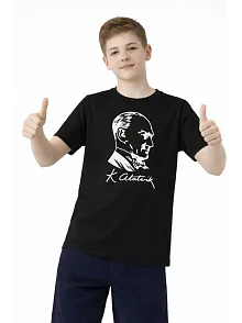 Erkek Çocuk Atatürk Baskılı Tişört Kısa Kollu Bisiklet Yaka T-shirt - Siyah