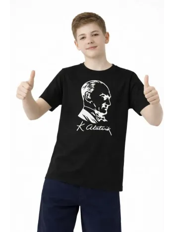 Erkek Çocuk Atatürk Baskılı Tişört Kısa Kollu Bisiklet Yaka T-shirt - Siyah