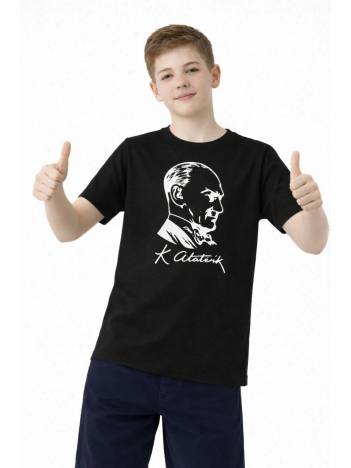 Erkek Çocuk Atatürk Baskılı Tişört Kısa Kollu Bisiklet Yaka T-shirt - Siyah