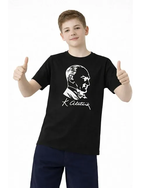 Erkek Çocuk Atatürk Baskılı Tişört Kısa Kollu Bisiklet Yaka T-shirt - Siyah