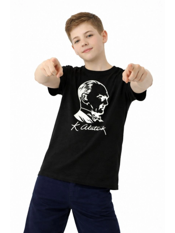 Erkek Çocuk Atatürk Baskılı Tişört Kısa Kollu Bisiklet Yaka T-shirt - Siyah