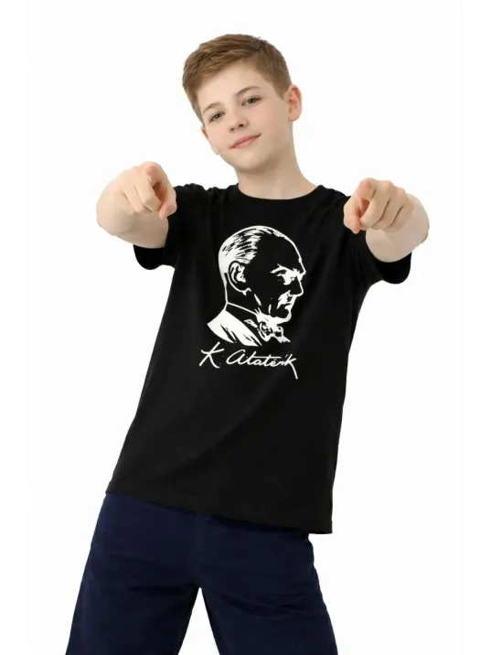 Erkek Çocuk Atatürk Baskılı Tişört Kısa Kollu Bisiklet Yaka T-shirt - Siyah