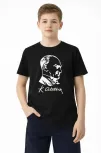 Erkek Çocuk Atatürk Baskılı Tişört Kısa Kollu Bisiklet Yaka T-shirt - Siyah
