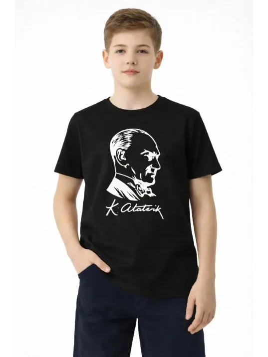 Erkek Çocuk Atatürk Baskılı Tişört Kısa Kollu Bisiklet Yaka T-shirt - Siyah