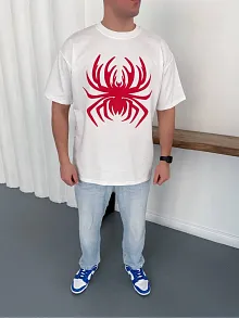 Erkek Örümcek Baskılı Tişört Kısa Kollu Bisiklet Yaka T-shirt - Beyaz