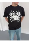 Erkek Örümcek Baskılı Tişört Kısa Kollu Bisiklet Yaka T-shirt - Siyah