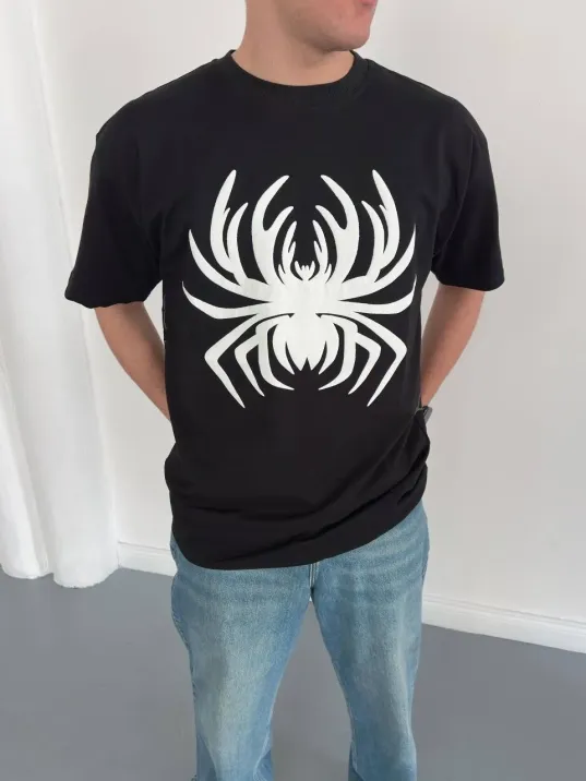 Erkek Örümcek Baskılı Tişört Kısa Kollu Bisiklet Yaka T-shirt - Siyah