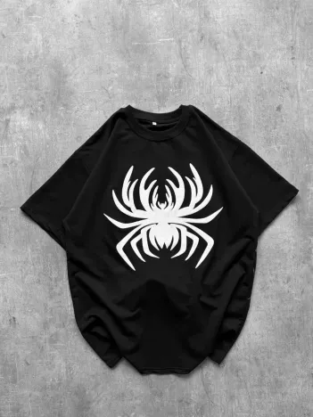 Erkek Örümcek Baskılı Tişört Kısa Kollu Bisiklet Yaka T-shirt - Siyah