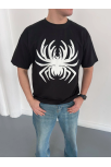 Erkek Örümcek Baskılı Tişört Kısa Kollu Bisiklet Yaka T-shirt - Siyah