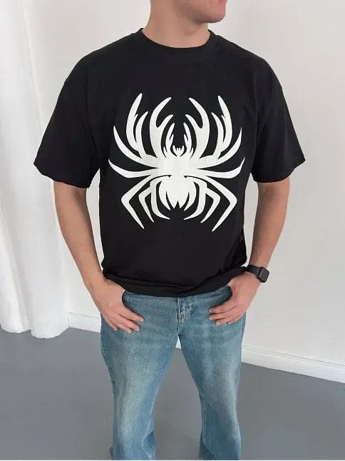 Erkek Örümcek Baskılı Tişört Kısa Kollu Bisiklet Yaka T-shirt - Siyah Erkek Örümcek Baskılı Tişört Kısa Kollu Bisiklet Yaka T-shirt - Siyah