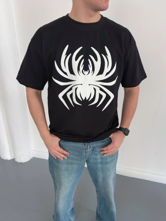 Erkek Örümcek Baskılı Tişört Kısa Kollu Bisiklet Yaka T-shirt - Siyah