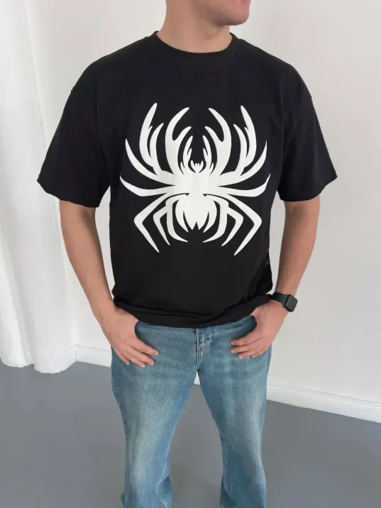 Erkek Örümcek Baskılı Tişört Kısa Kollu Bisiklet Yaka T-shirt - Siyah
