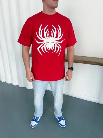 Erkek Örümcek Baskılı Tişört Kısa Kollu Bisiklet Yaka T-shirt - Kırmızı