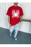 Erkek Örümcek Baskılı Tişört Kısa Kollu Bisiklet Yaka T-shirt - Kırmızı