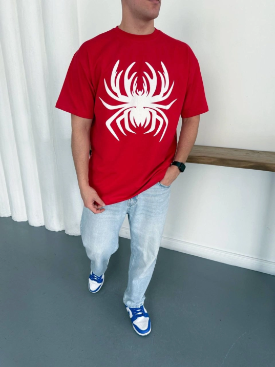 Erkek Örümcek Baskılı Tişört Kısa Kollu Bisiklet Yaka T-shirt - Kırmızı