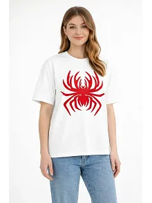Kadın Örümcek Baskılı Tişört Kısa Kollu Bisiklet Yaka T-shirt - Beyaz